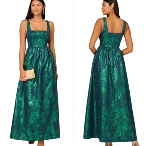 Adrianna Papell Dresses & Skirts - Aidan Mattox Green Abstract Jacquard Satin‎ Corset Maxi Gown Size 2 New